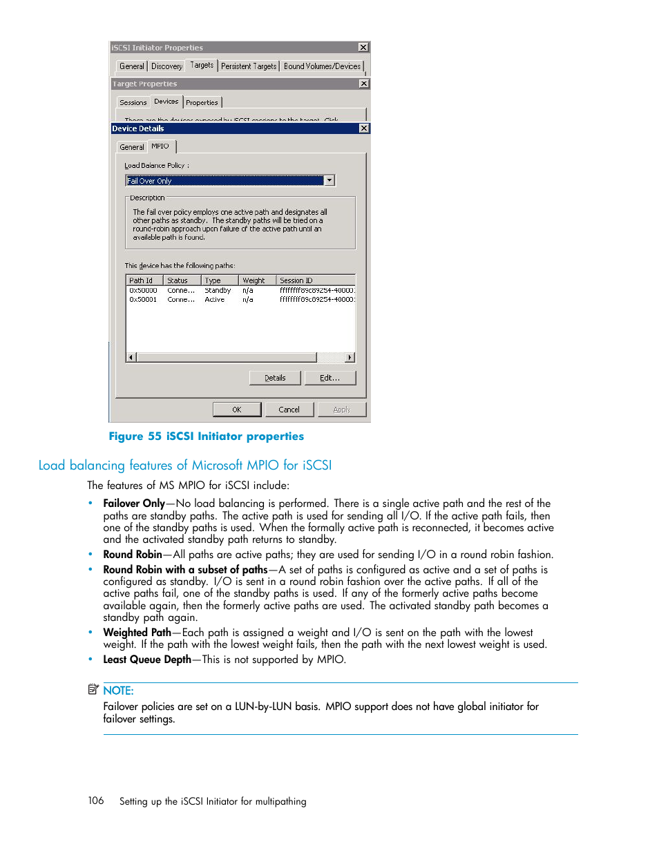 55 iscsi initiator properties | HP EVA Array iSCSI Connectivity Option User Manual | Page 106 / 229