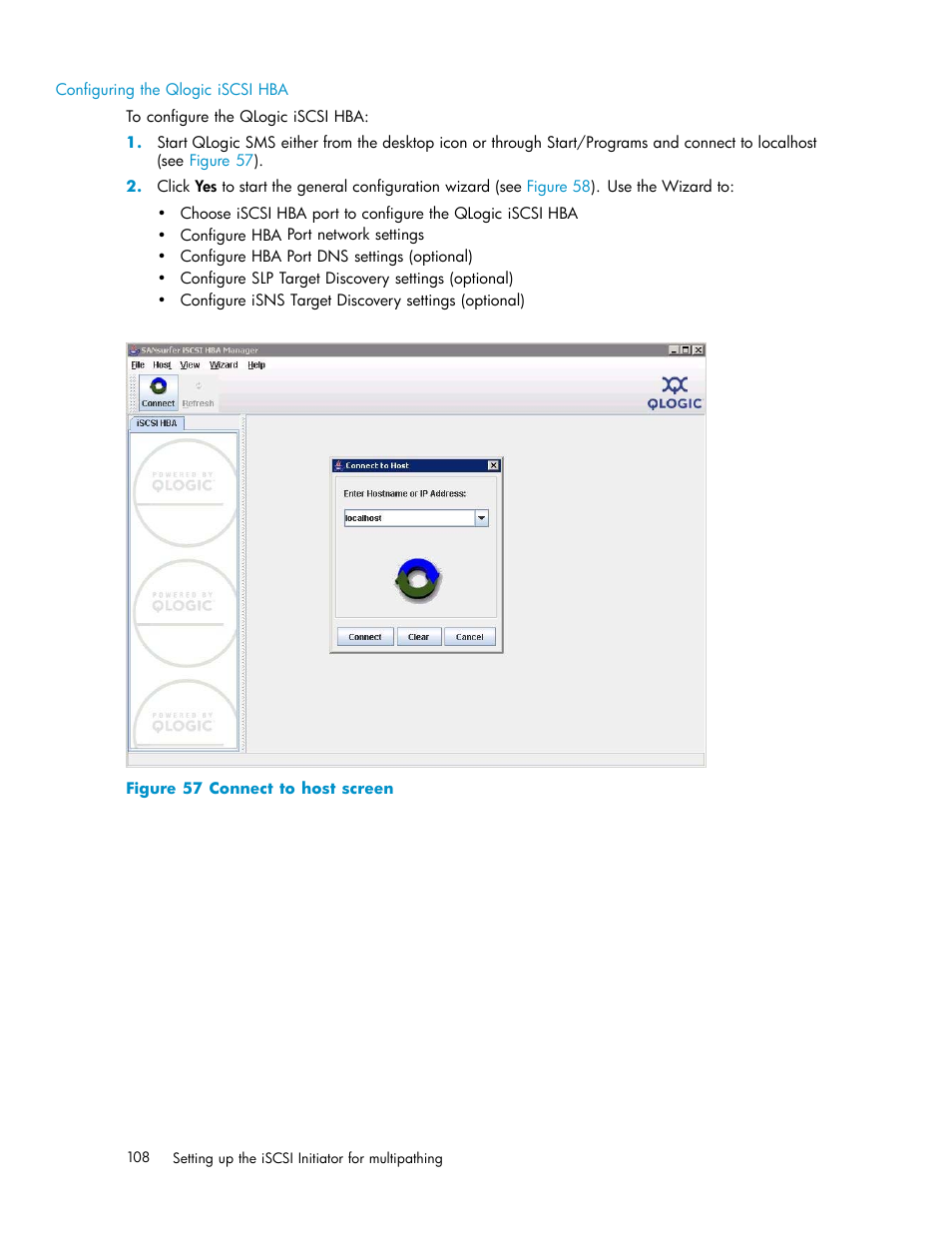 57 connect to host screen | HP EVA Array iSCSI Connectivity Option User Manual | Page 108 / 229