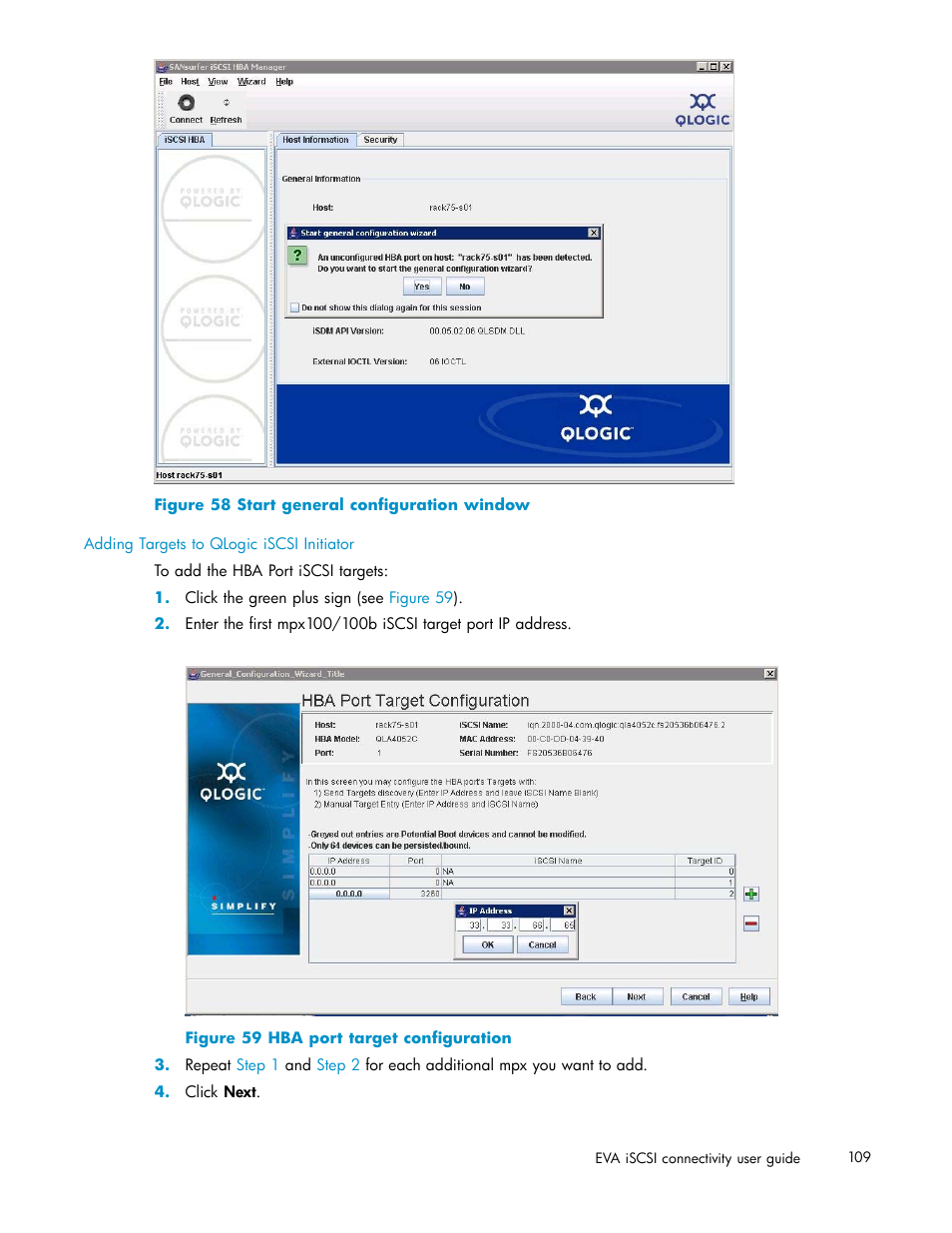 58 start general configuration window, 109 59 hba port target configuration | HP EVA Array iSCSI Connectivity Option User Manual | Page 109 / 229