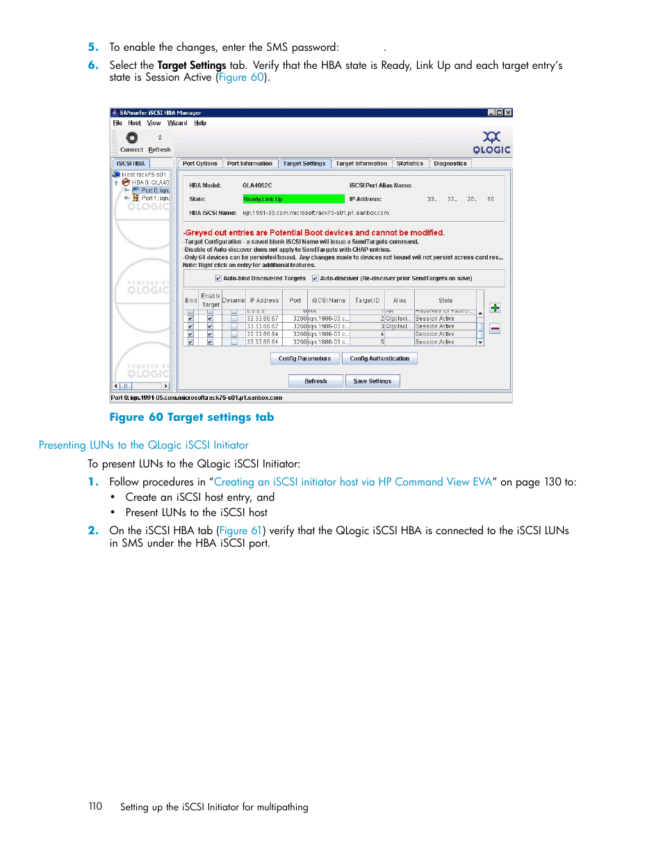 60 target settings tab | HP EVA Array iSCSI Connectivity Option User Manual | Page 110 / 229