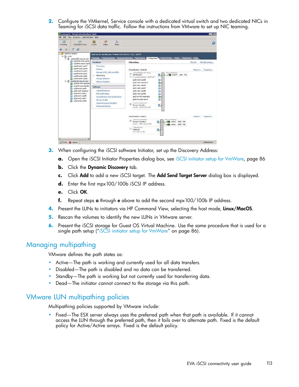 Managing multipathing, Vmware lun multipathing policies | HP EVA Array iSCSI Connectivity Option User Manual | Page 113 / 229