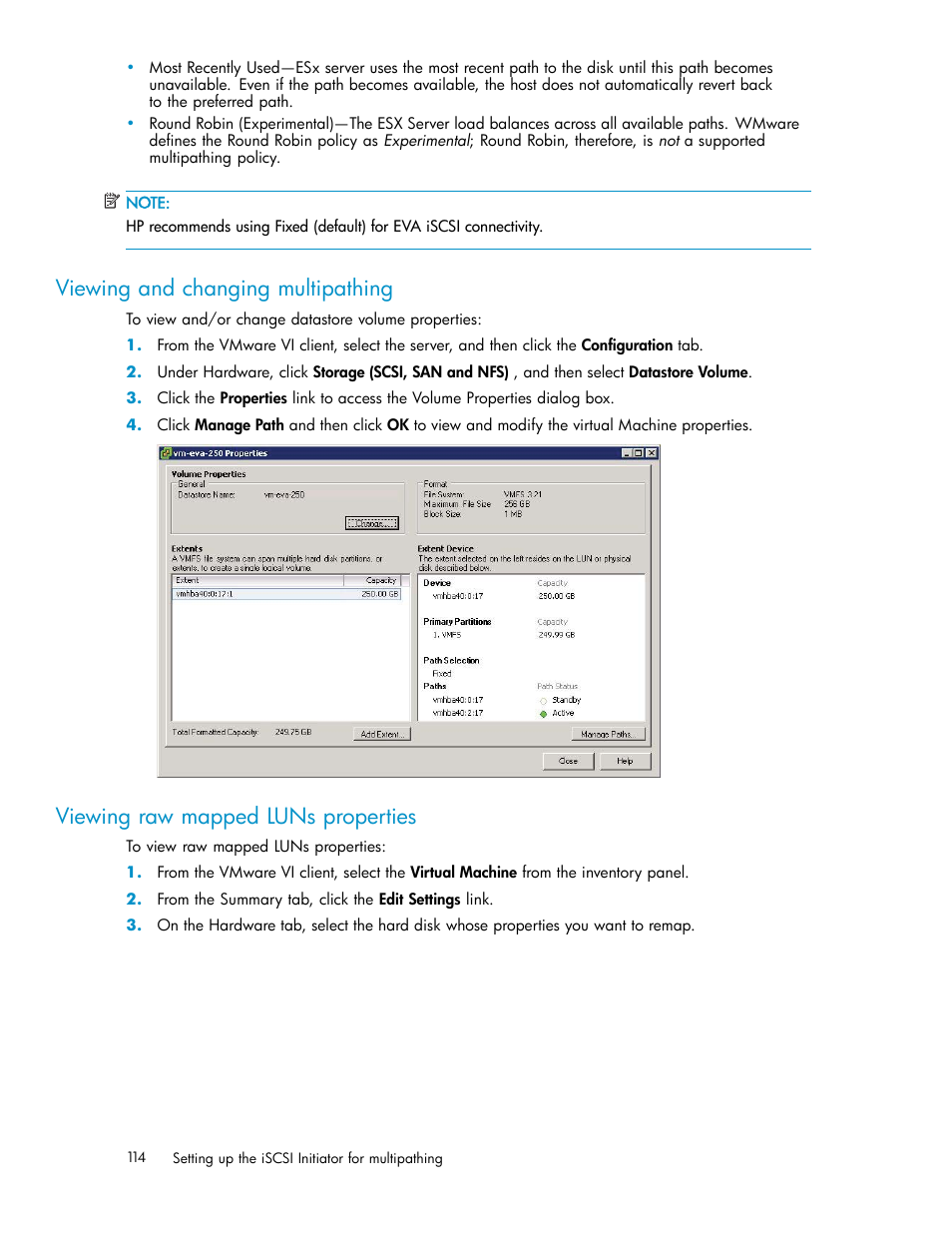 Viewing and changing multipathing, Viewing raw mapped luns properties | HP EVA Array iSCSI Connectivity Option User Manual | Page 114 / 229