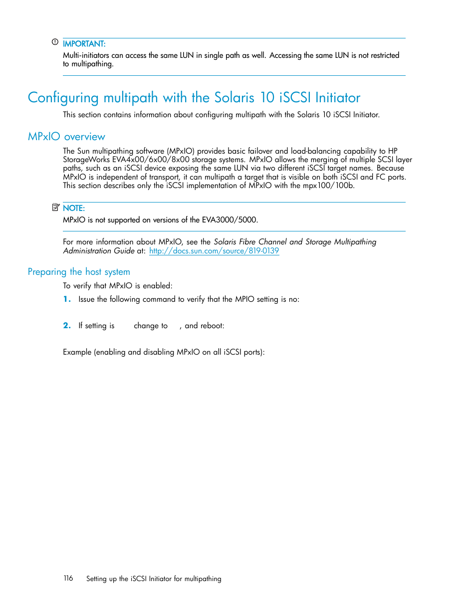 Mpxio overview, Preparing the host system | HP EVA Array iSCSI Connectivity Option User Manual | Page 116 / 229