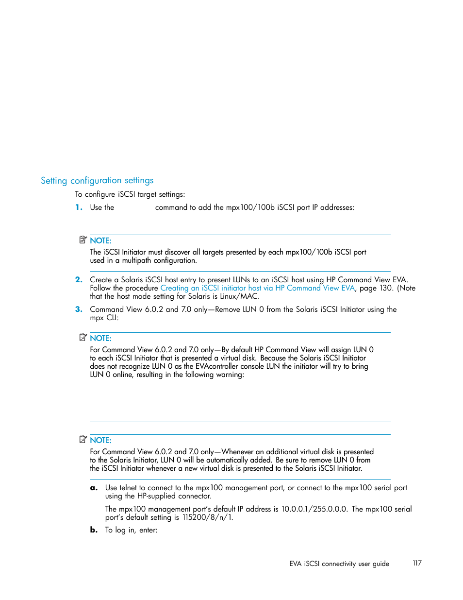 Setting configuration settings | HP EVA Array iSCSI Connectivity Option User Manual | Page 117 / 229