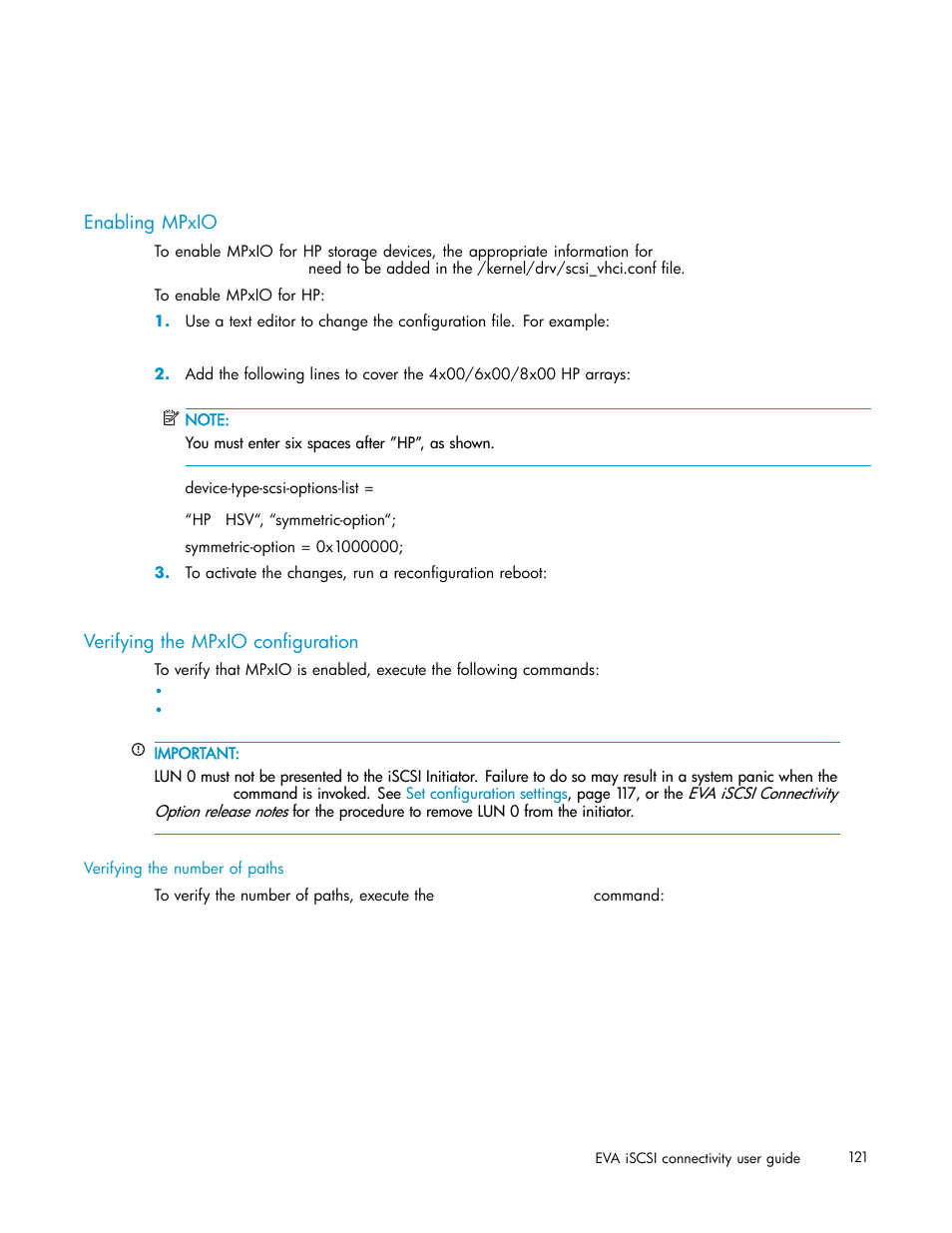 Enabling mpxio, Verifying the mpxio configuration | HP EVA Array iSCSI Connectivity Option User Manual | Page 121 / 229