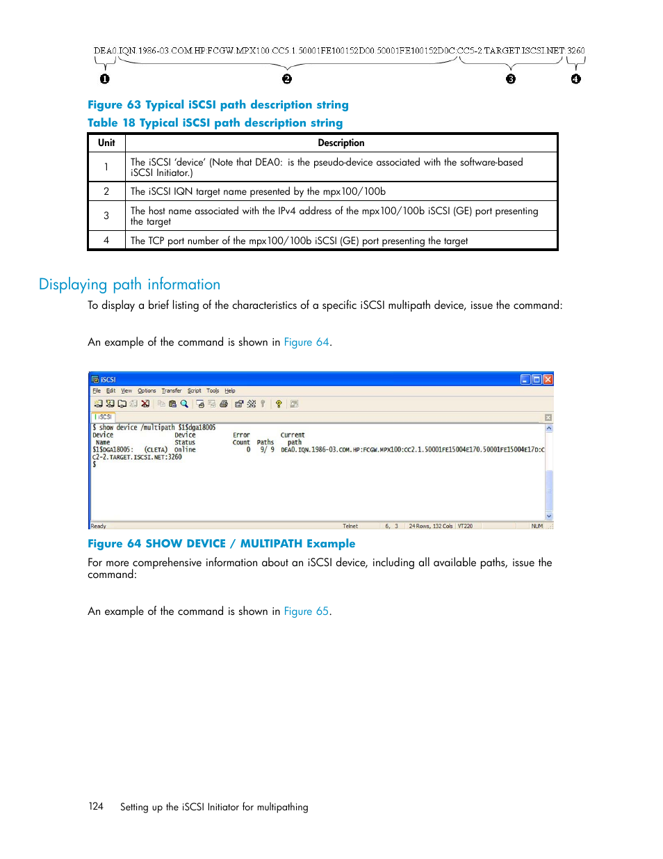 Displaying path information, 63 typical iscsi path description string, 64 show device / multipath example | 18 typical iscsi path description string | HP EVA Array iSCSI Connectivity Option User Manual | Page 124 / 229