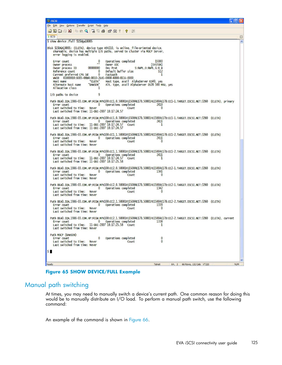 Manual path switching, 65 show device/full example | HP EVA Array iSCSI Connectivity Option User Manual | Page 125 / 229