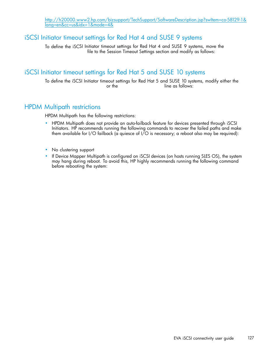 Hpdm multipath restrictions | HP EVA Array iSCSI Connectivity Option User Manual | Page 127 / 229