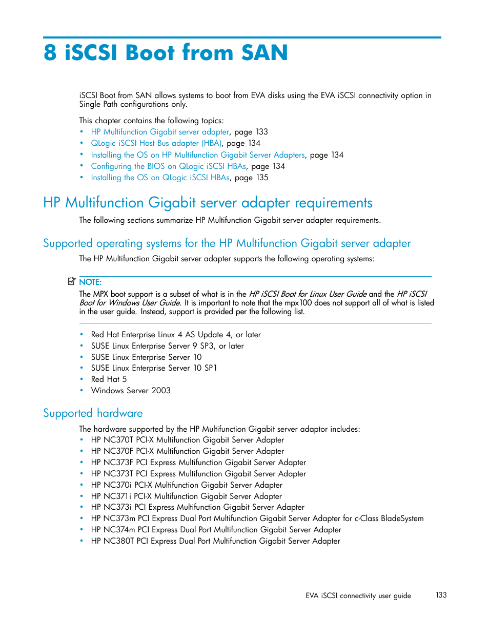 8 iscsi boot from san, Supported hardware | HP EVA Array iSCSI Connectivity Option User Manual | Page 133 / 229