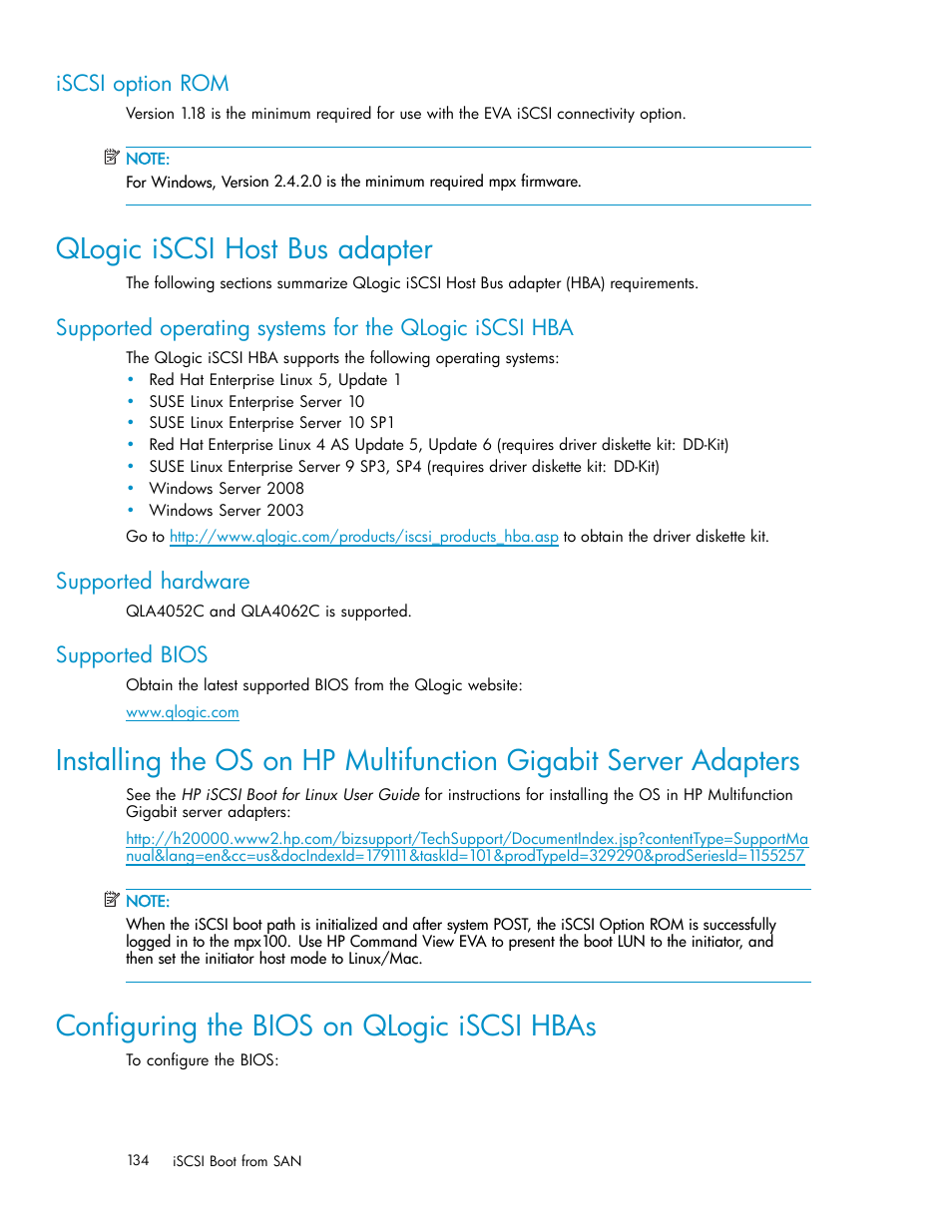 Iscsi option rom, Qlogic iscsi host bus adapter, Supported hardware | Supported bios, Configuring the bios on qlogic iscsi hbas, Qlogic iscsi host bus adapter (hba) | HP EVA Array iSCSI Connectivity Option User Manual | Page 134 / 229