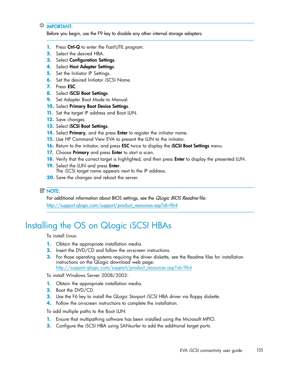 Installing the os on qlogic iscsi hbas | HP EVA Array iSCSI Connectivity Option User Manual | Page 135 / 229