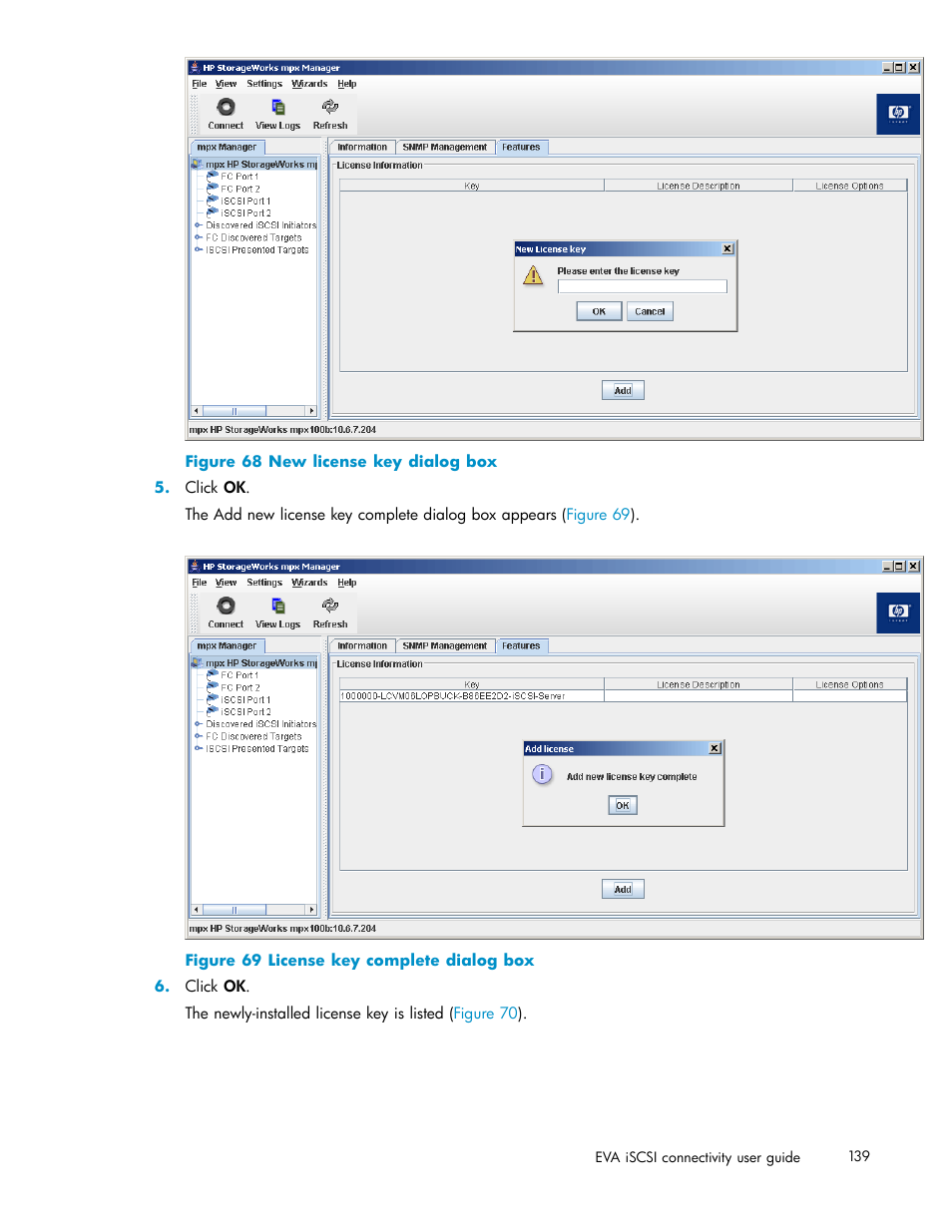 68 new license key dialog box, 69 license key complete dialog box | HP EVA Array iSCSI Connectivity Option User Manual | Page 139 / 229
