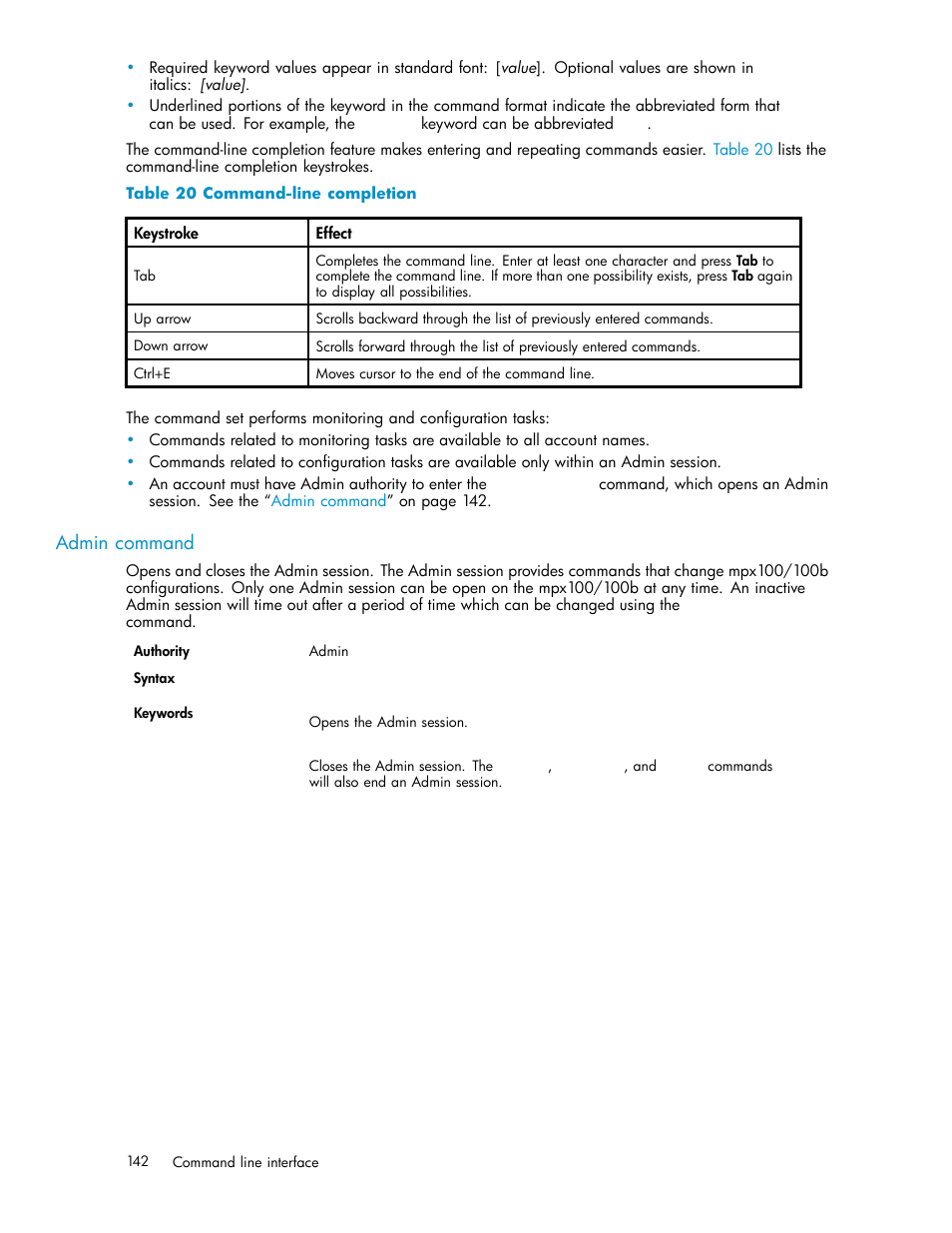 Admin command, 20 command-line completion | HP EVA Array iSCSI Connectivity Option User Manual | Page 142 / 229
