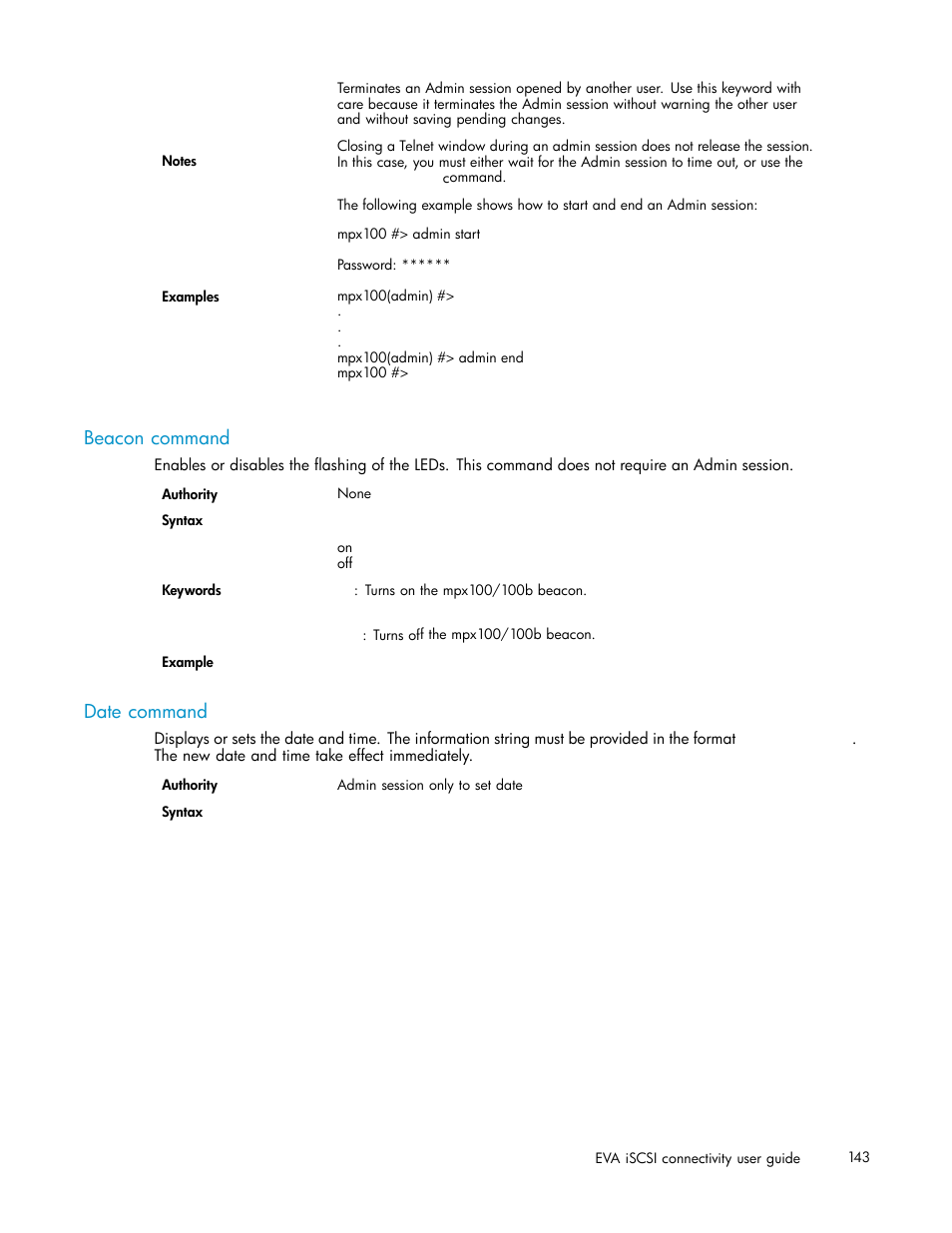 Beacon command, Date command | HP EVA Array iSCSI Connectivity Option User Manual | Page 143 / 229