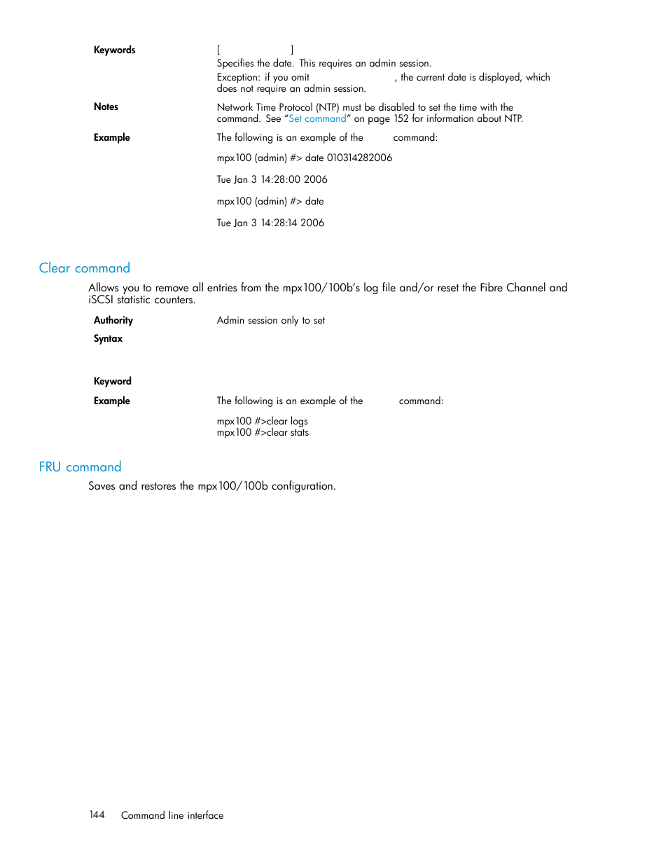 Clear command, Fru command | HP EVA Array iSCSI Connectivity Option User Manual | Page 144 / 229