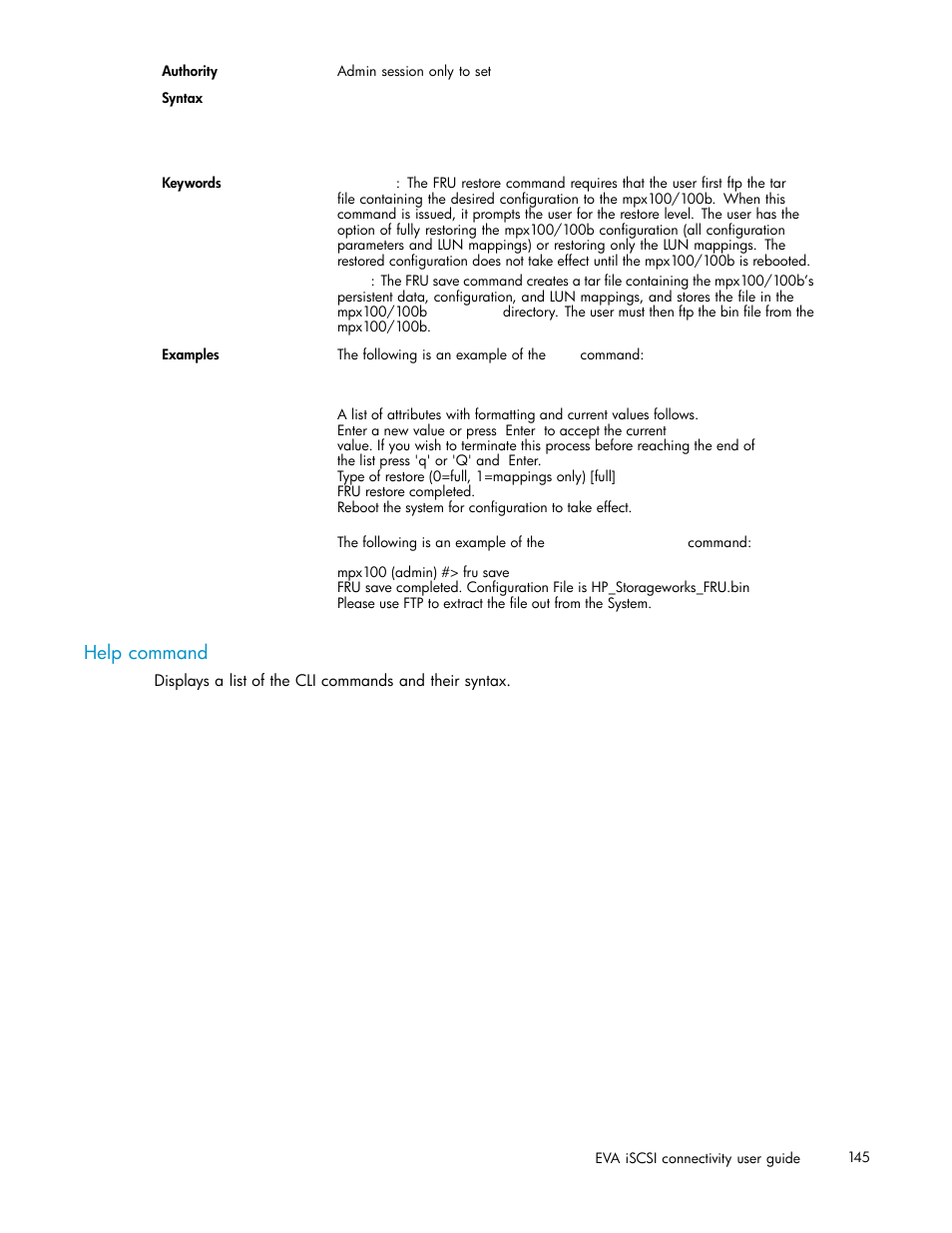 Help command | HP EVA Array iSCSI Connectivity Option User Manual | Page 145 / 229