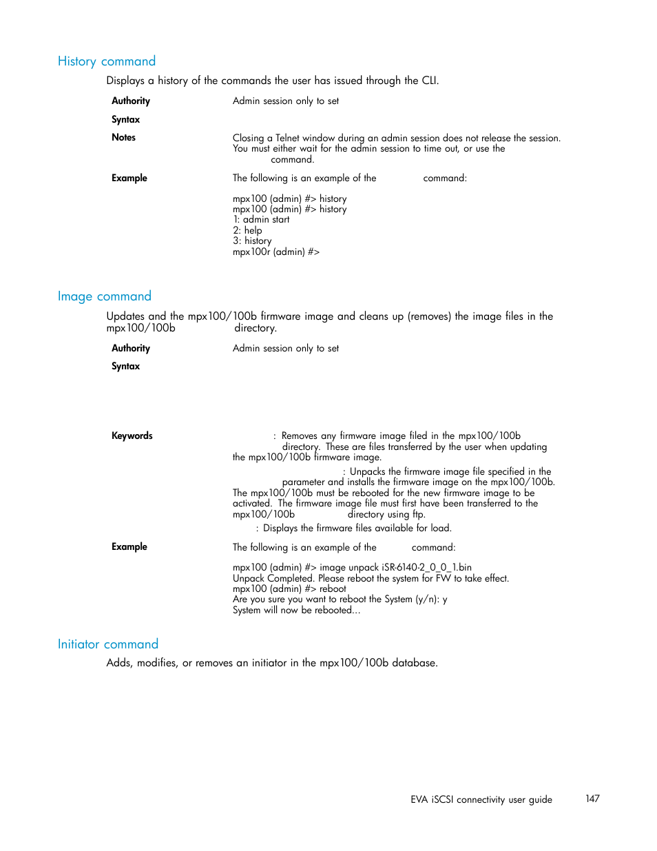 History command, Image command, Initiator command | HP EVA Array iSCSI Connectivity Option User Manual | Page 147 / 229