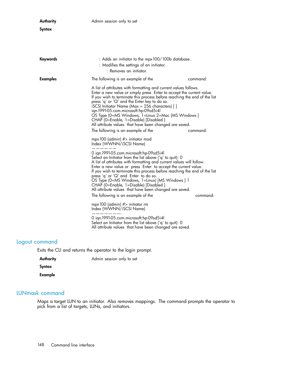 Logout command, Lunmask command | HP EVA Array iSCSI Connectivity Option User Manual | Page 148 / 229