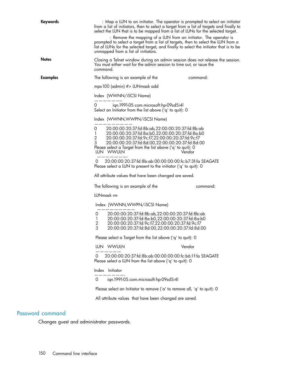 Password command | HP EVA Array iSCSI Connectivity Option User Manual | Page 150 / 229