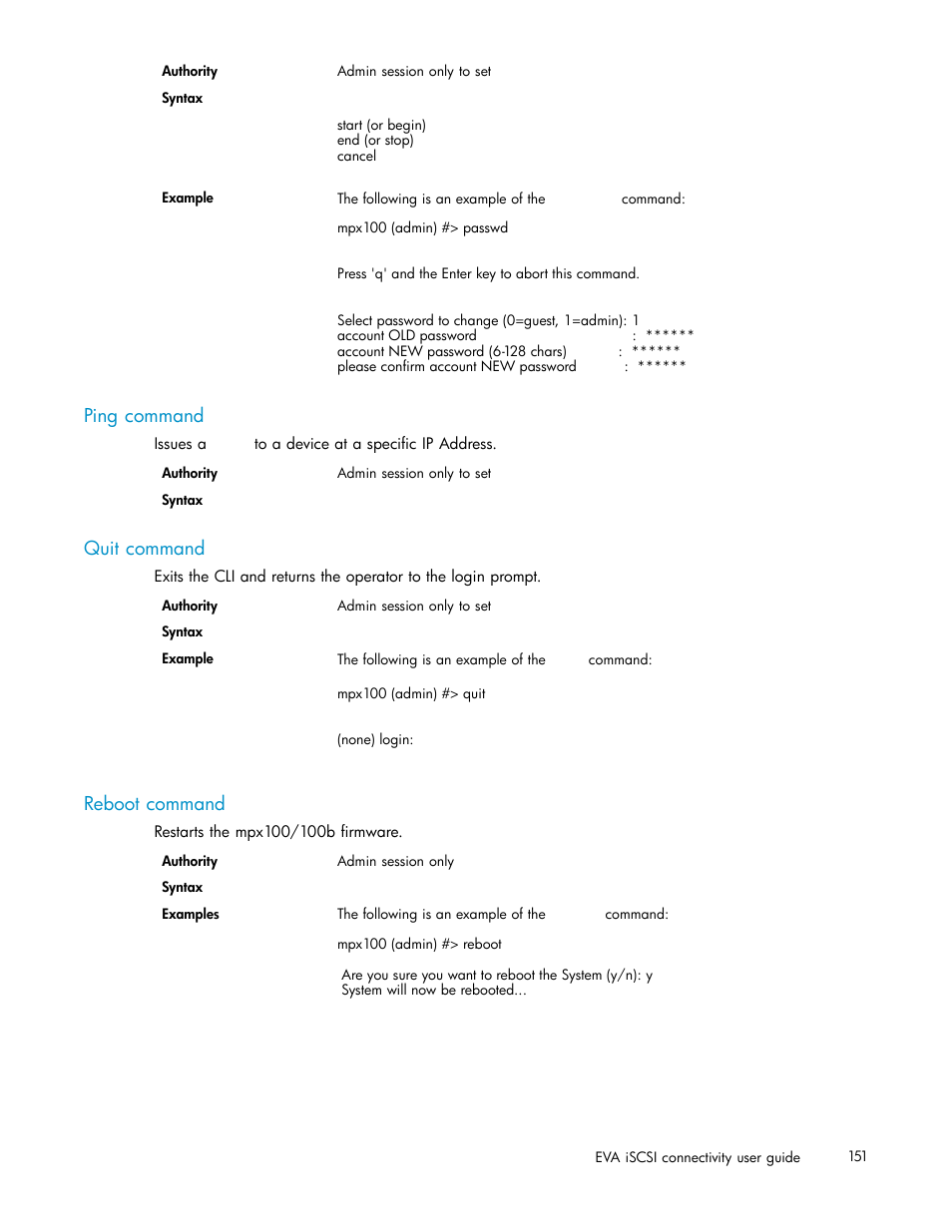 Ping command, Quit command, Reboot command | HP EVA Array iSCSI Connectivity Option User Manual | Page 151 / 229