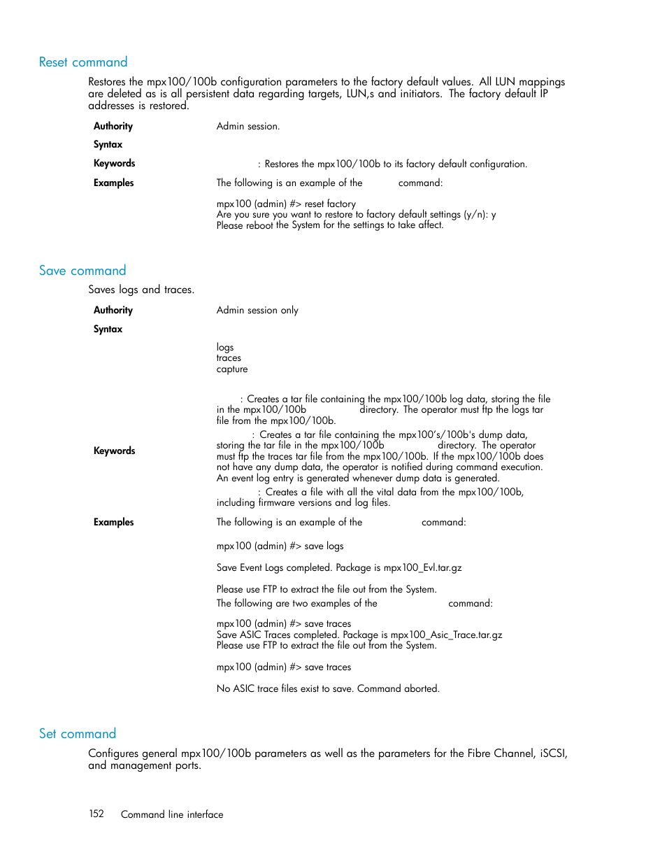 Reset command, Save command, Set command | HP EVA Array iSCSI Connectivity Option User Manual | Page 152 / 229