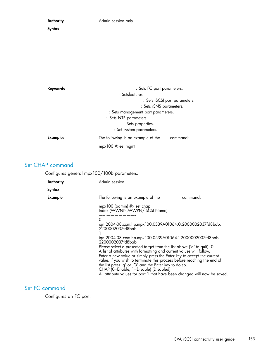 Set chap command, Set fc command | HP EVA Array iSCSI Connectivity Option User Manual | Page 153 / 229