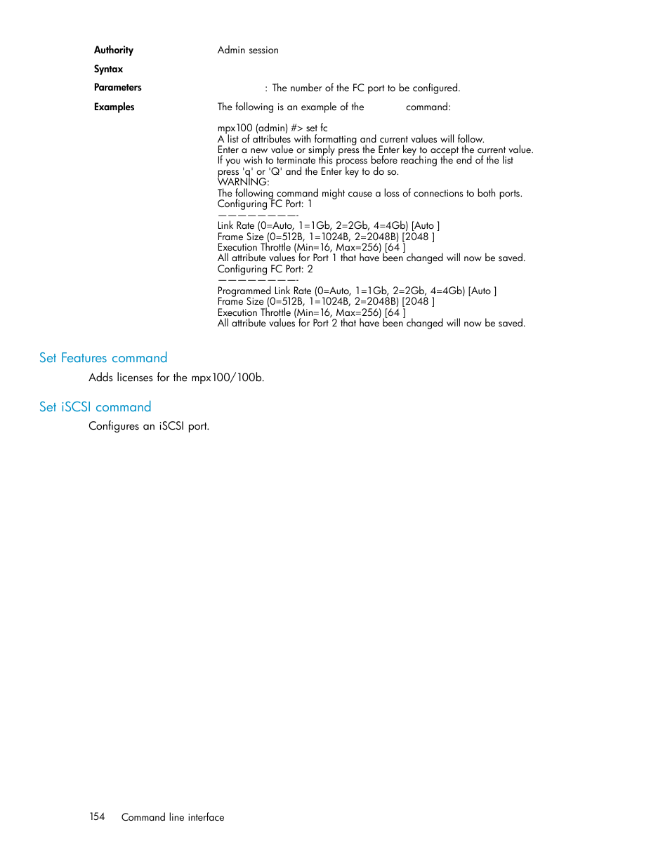 Set features command, Set iscsi command | HP EVA Array iSCSI Connectivity Option User Manual | Page 154 / 229
