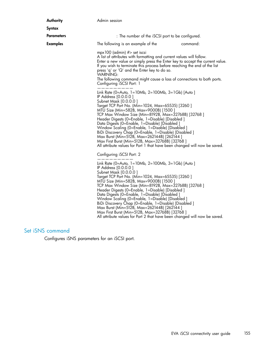 Set isns command | HP EVA Array iSCSI Connectivity Option User Manual | Page 155 / 229
