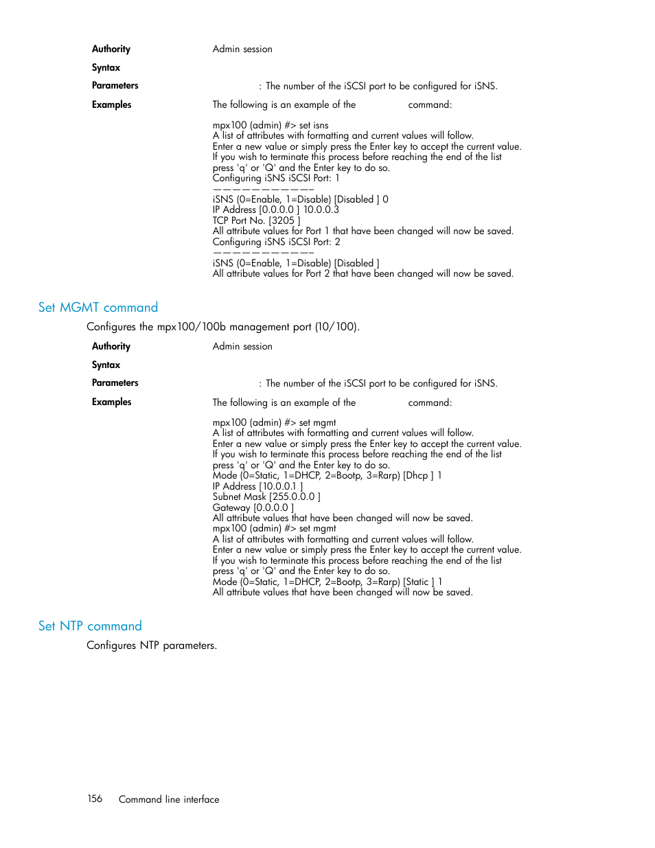 Set mgmt command, Set ntp command | HP EVA Array iSCSI Connectivity Option User Manual | Page 156 / 229