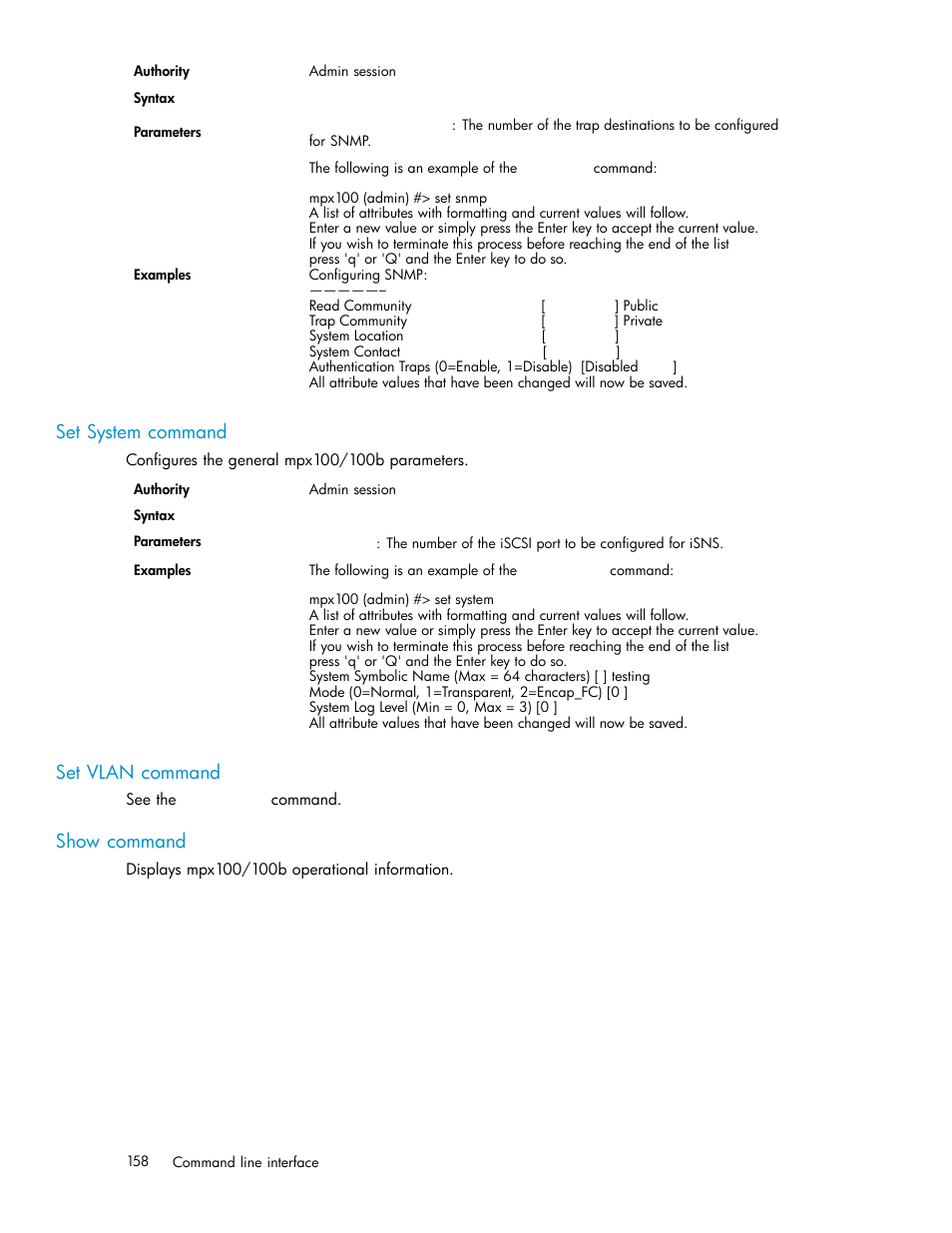 Set system command, Set vlan command, Show command | HP EVA Array iSCSI Connectivity Option User Manual | Page 158 / 229
