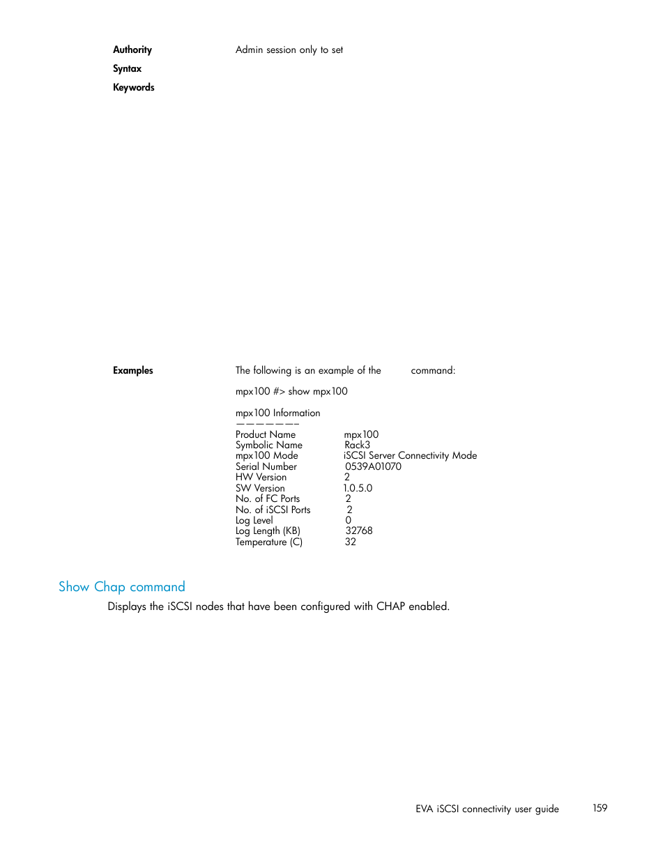 Show chap command | HP EVA Array iSCSI Connectivity Option User Manual | Page 159 / 229