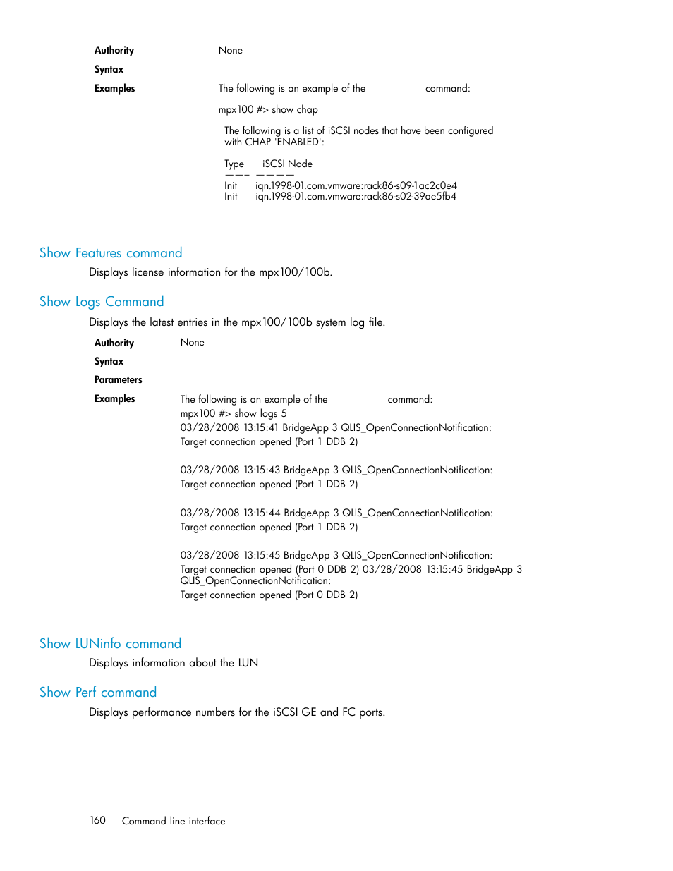 Show features command, Show logs command, Show luninfo command | Show perf command | HP EVA Array iSCSI Connectivity Option User Manual | Page 160 / 229