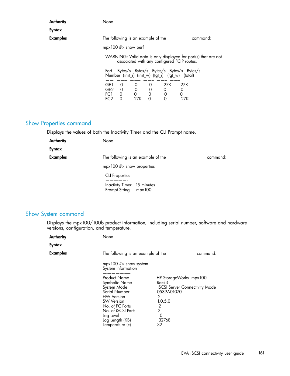 Show properties command, Show system command | HP EVA Array iSCSI Connectivity Option User Manual | Page 161 / 229