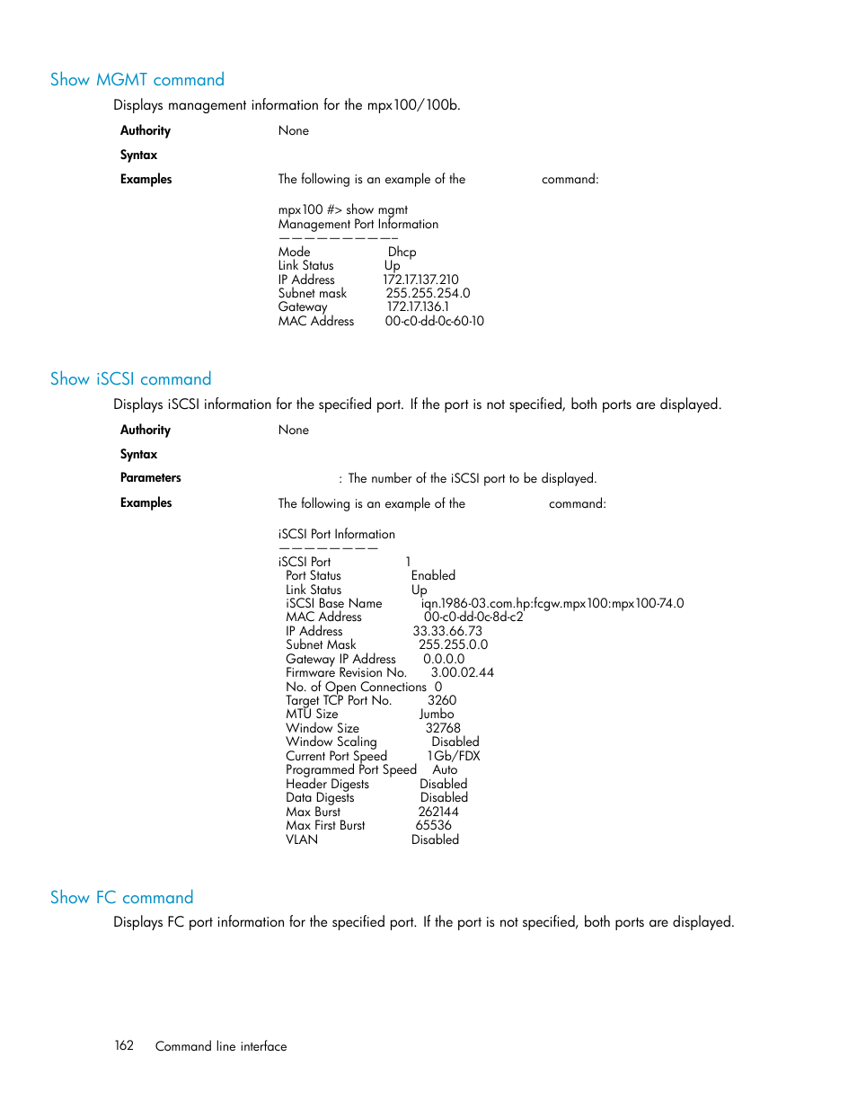 Show mgmt command, Show iscsi command, Show fc command | HP EVA Array iSCSI Connectivity Option User Manual | Page 162 / 229