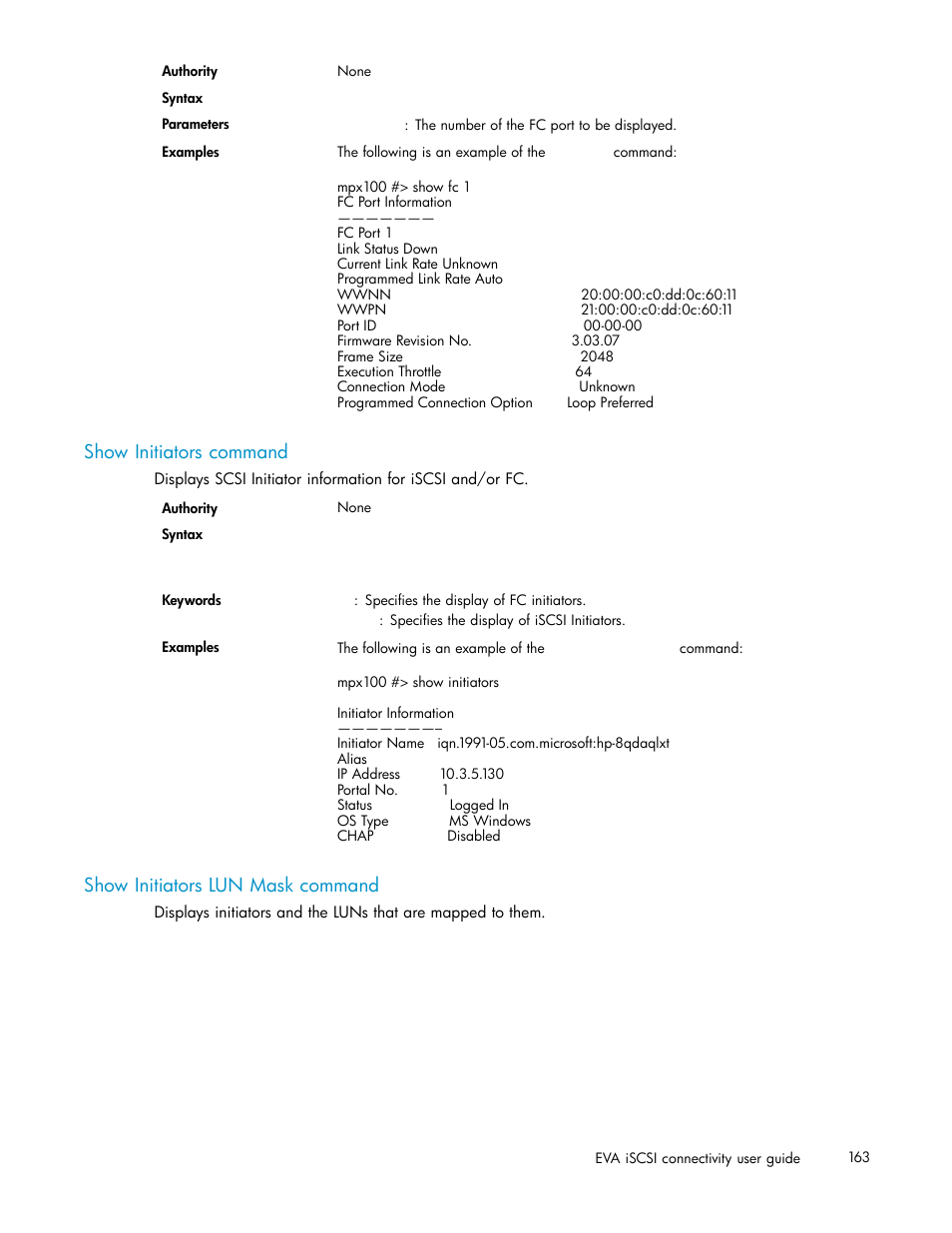 Show initiators command, Show initiators lun mask command | HP EVA Array iSCSI Connectivity Option User Manual | Page 163 / 229