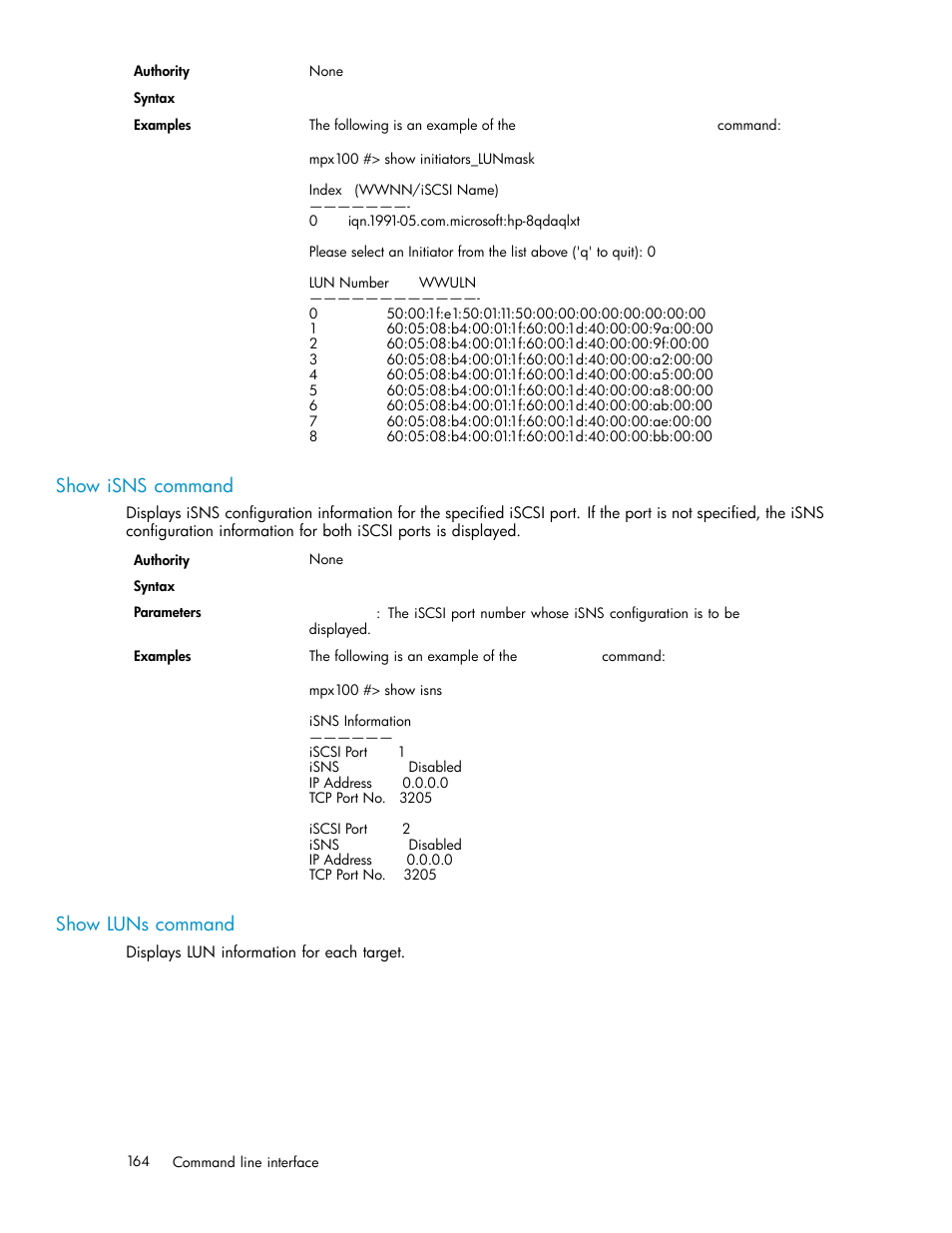 Show isns command, Show luns command | HP EVA Array iSCSI Connectivity Option User Manual | Page 164 / 229