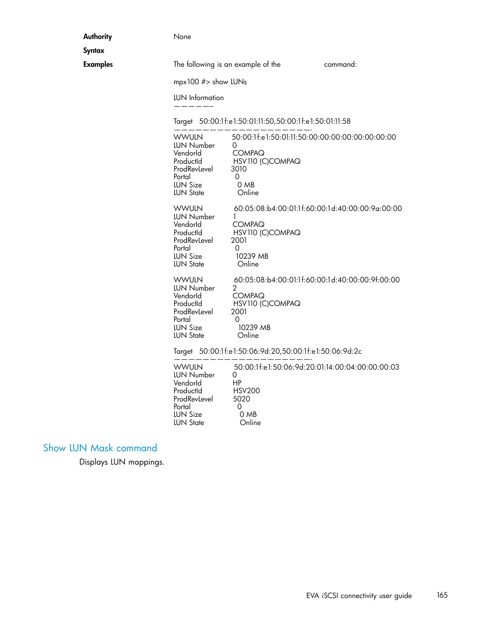 Show lun mask command | HP EVA Array iSCSI Connectivity Option User Manual | Page 165 / 229