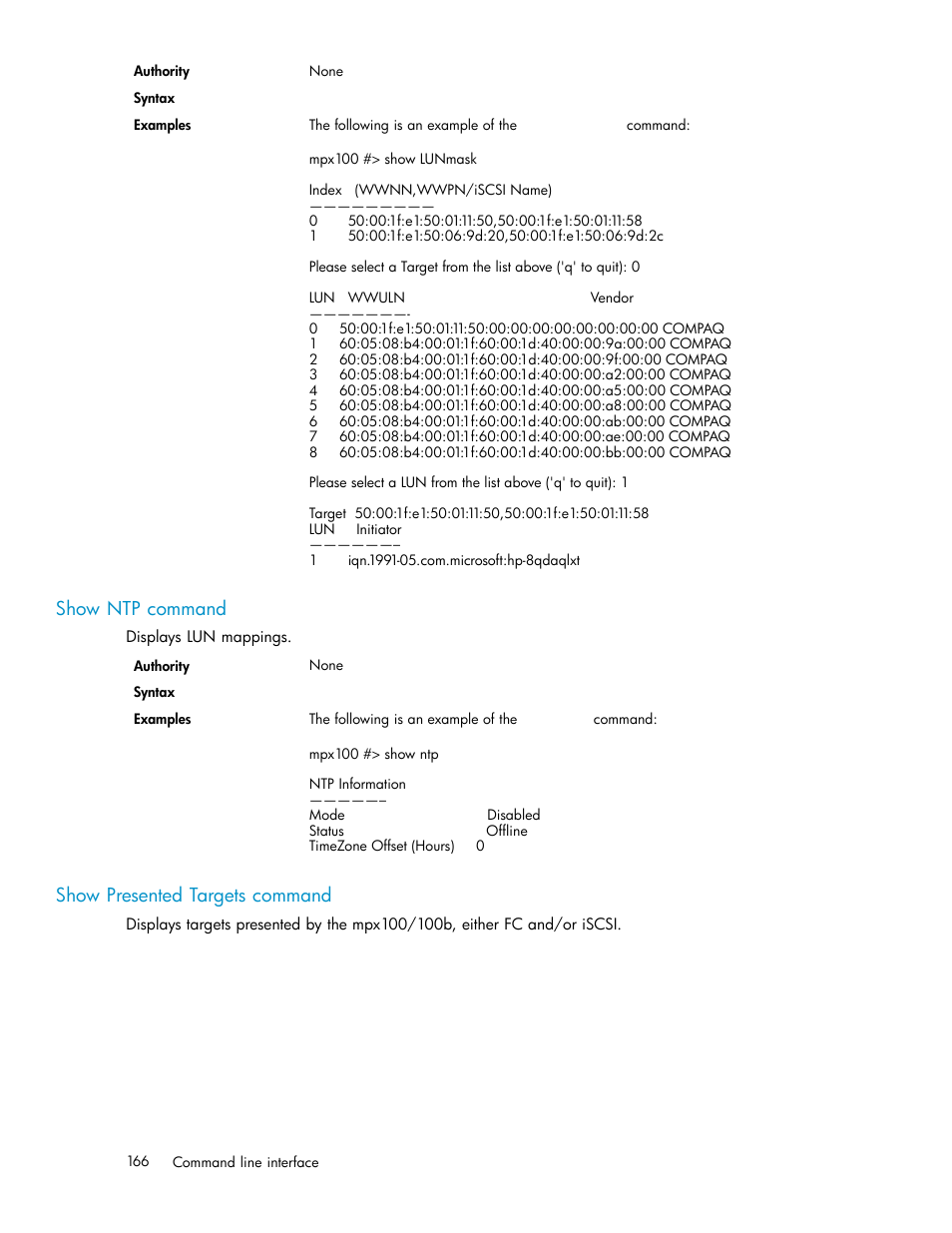 Show ntp command, Show presented targets command | HP EVA Array iSCSI Connectivity Option User Manual | Page 166 / 229