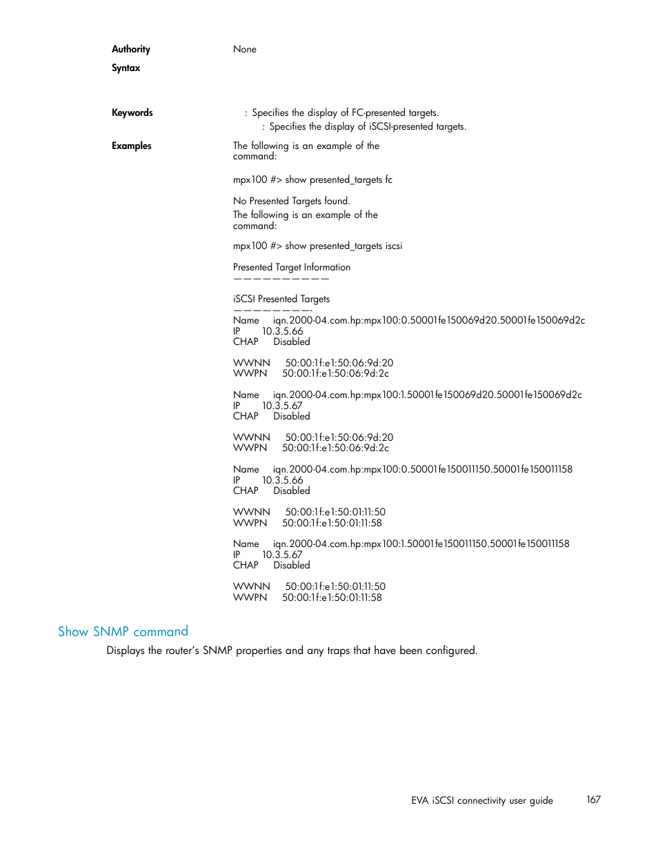 Show snmp command | HP EVA Array iSCSI Connectivity Option User Manual | Page 167 / 229