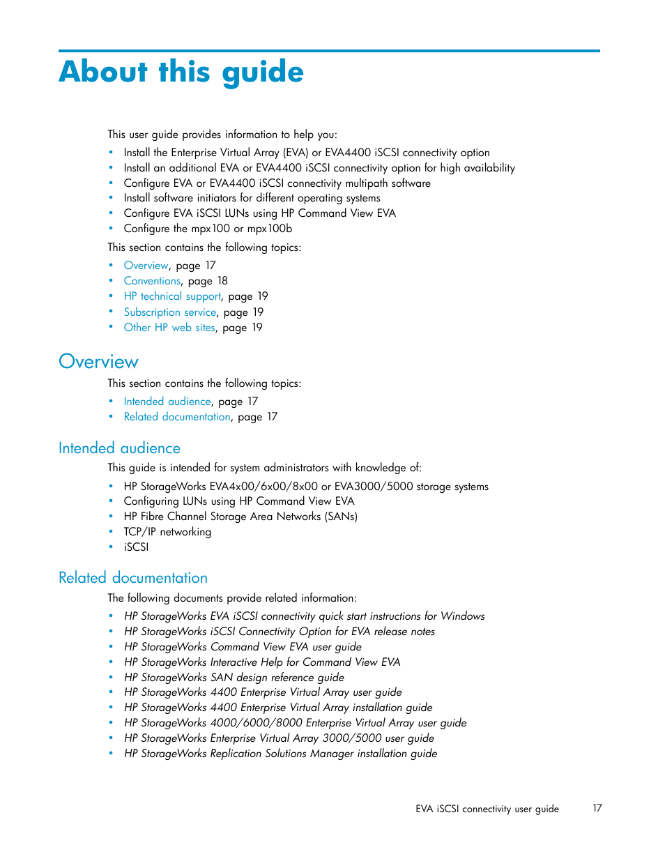 About this guide, Overview, Intended audience | Related documentation | HP EVA Array iSCSI Connectivity Option User Manual | Page 17 / 229