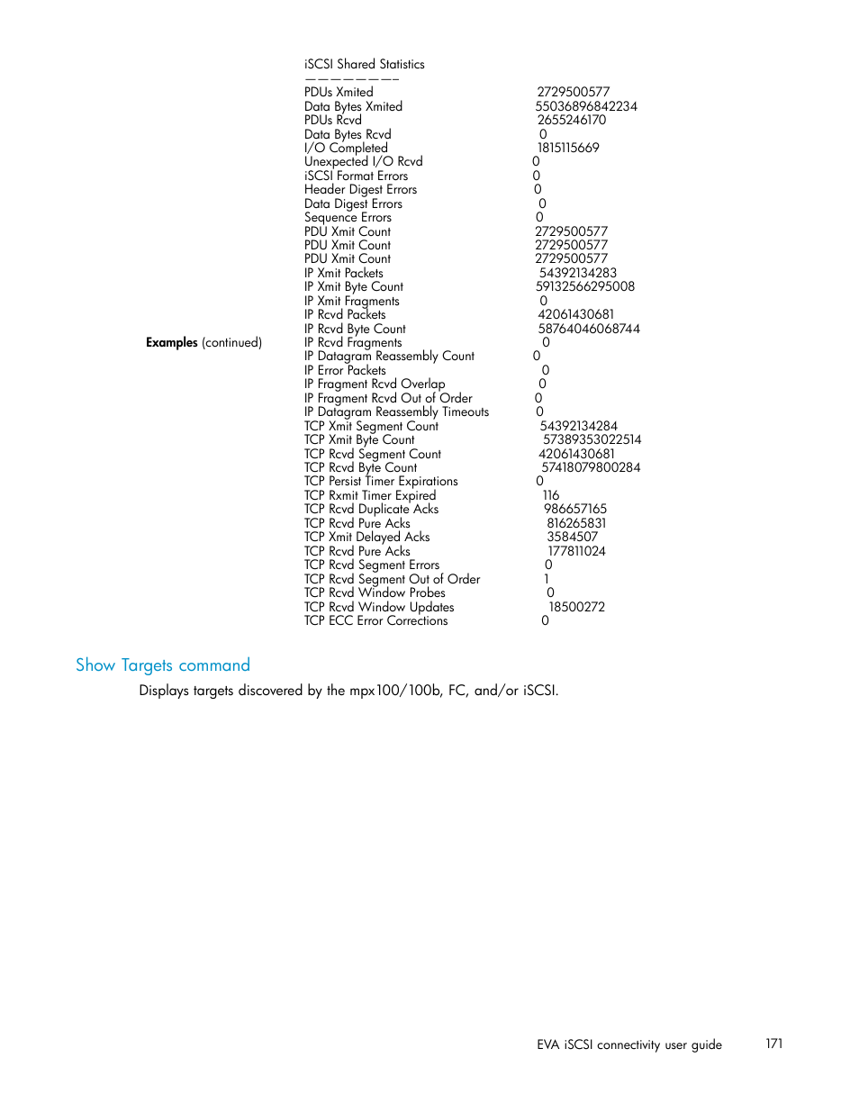 Show targets command | HP EVA Array iSCSI Connectivity Option User Manual | Page 171 / 229