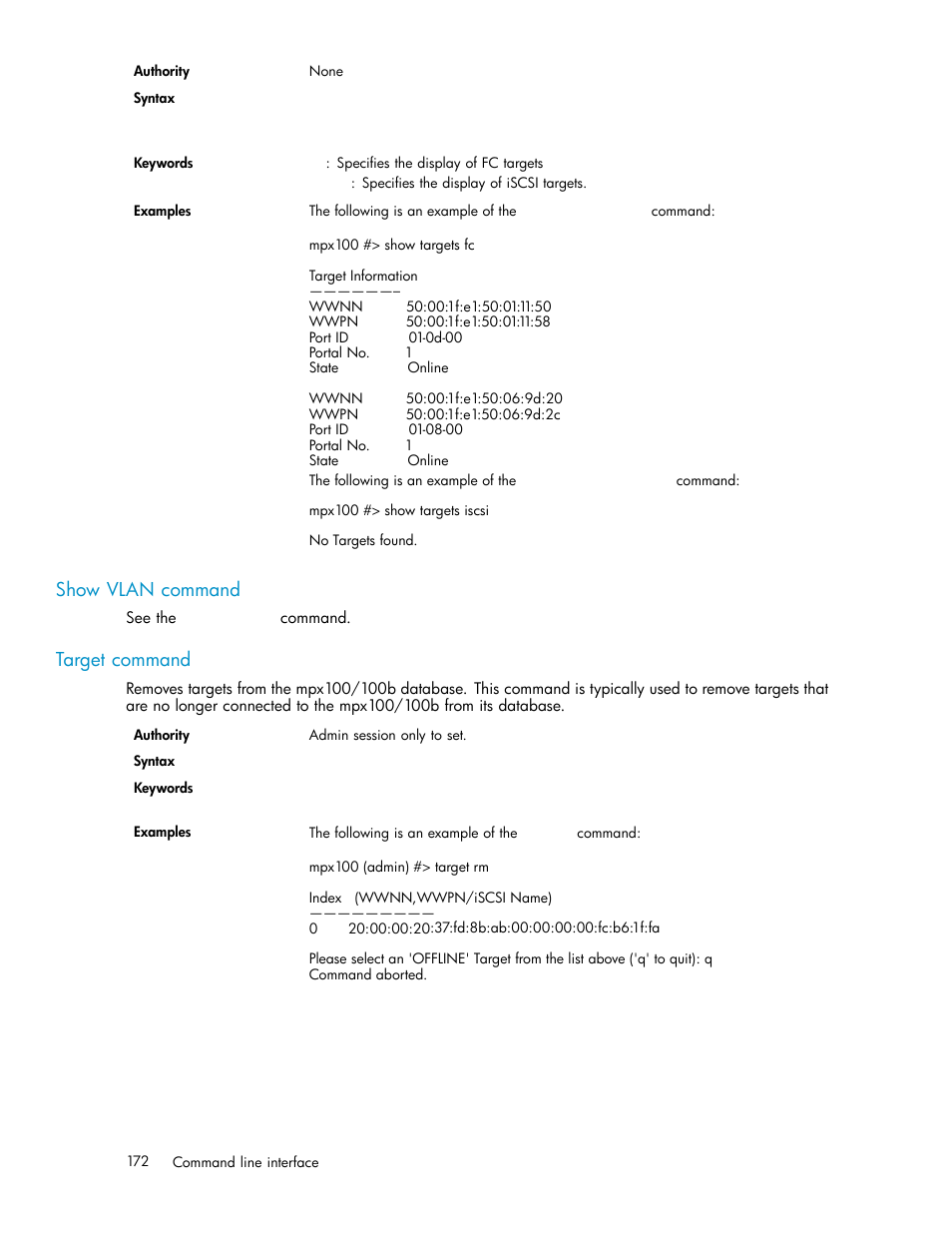 Show vlan command, Target command | HP EVA Array iSCSI Connectivity Option User Manual | Page 172 / 229