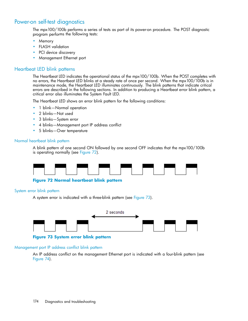 Power-on self-test diagnostics, Heartbeat led blink patterns, 72 normal heartbeat blink pattern | 73 system error blink pattern | HP EVA Array iSCSI Connectivity Option User Manual | Page 174 / 229