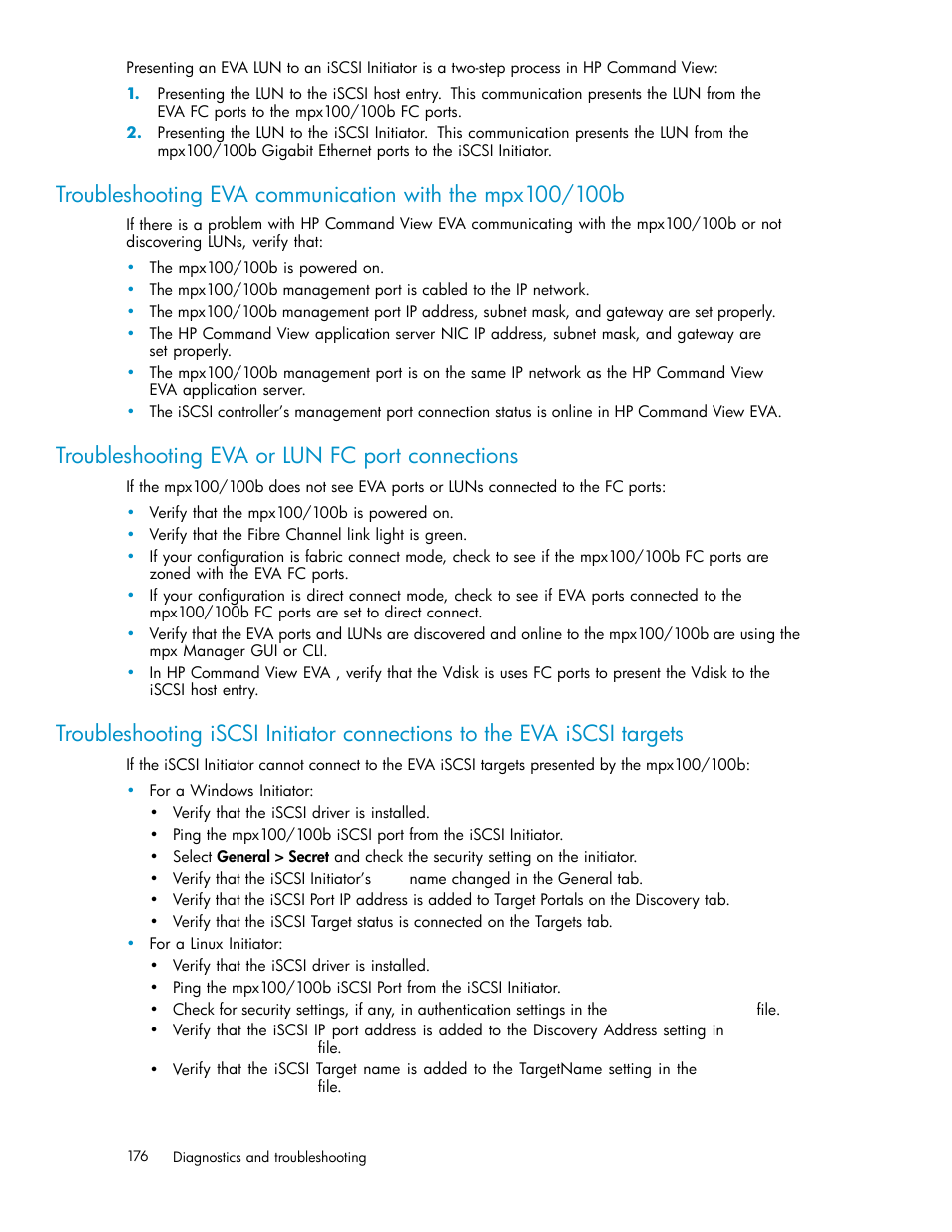 Troubleshooting eva or lun fc port connections | HP EVA Array iSCSI Connectivity Option User Manual | Page 176 / 229