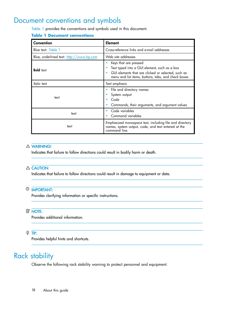 Document conventions and symbols, Rack stability, 1 document conventions | Conventions | HP EVA Array iSCSI Connectivity Option User Manual | Page 18 / 229