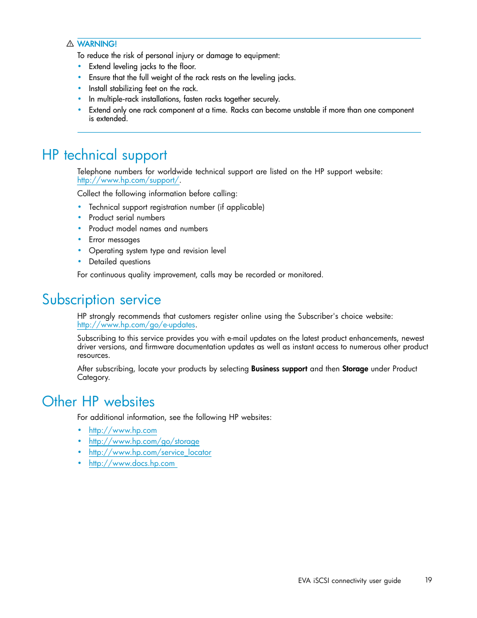 Hp technical support, Subscription service, Other hp websites | Other hp web sites | HP EVA Array iSCSI Connectivity Option User Manual | Page 19 / 229