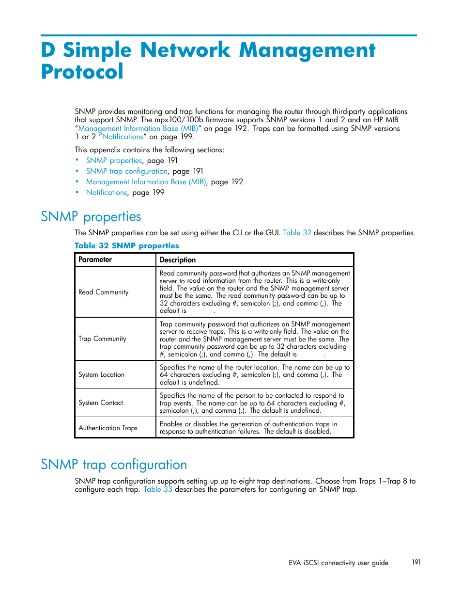 D simple network management protocol, Snmp properties, Snmp trap configuration | 32 snmp properties | HP EVA Array iSCSI Connectivity Option User Manual | Page 191 / 229