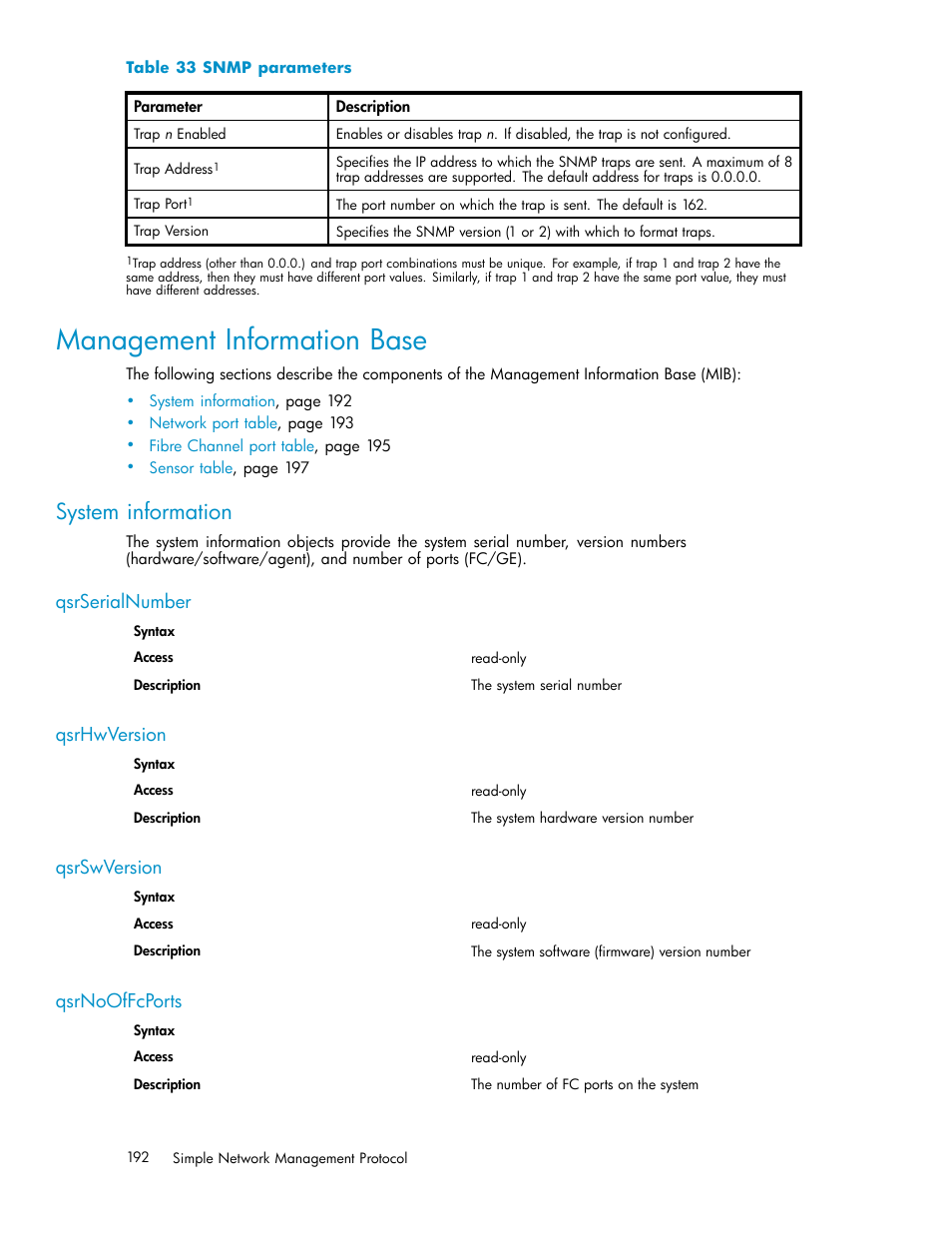 Management information base, System information, Qsrserialnumber | Qsrhwversion, Qsrswversion, Qsrnooffcports, 33 snmp parameters, Management information base (mib), Table 33 | HP EVA Array iSCSI Connectivity Option User Manual | Page 192 / 229
