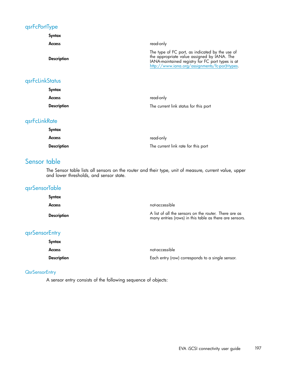 Qsrfcporttype, Qsrfclinkstatus, Qsrfclinkrate | Sensor table, Qsrsensortable, Qsrsensorentry | HP EVA Array iSCSI Connectivity Option User Manual | Page 197 / 229