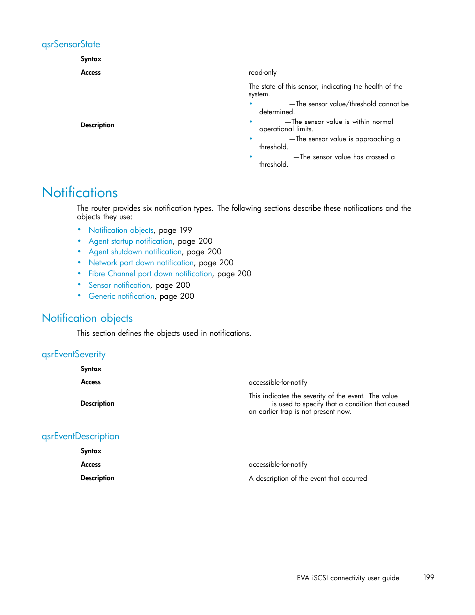 Qsrsensorstate, Notifications, Notification objects | Qsreventseverity, Qsreventdescription | HP EVA Array iSCSI Connectivity Option User Manual | Page 199 / 229